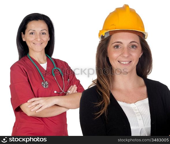 Couple of women workers isolated on a over white background