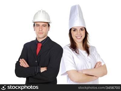 Couple of workers on a white background