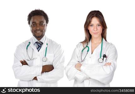 Couple of young doctors a over white background