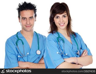 couple of young doctors a over white background