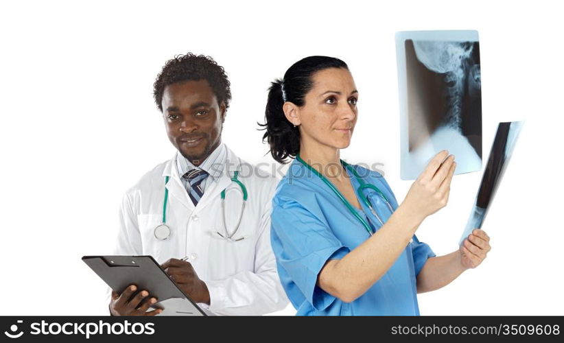 Couple of young doctors a over white background