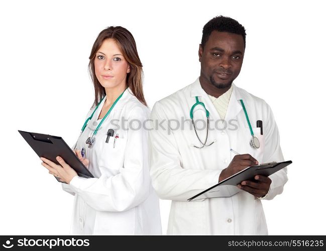 Couple of young doctors a over white background