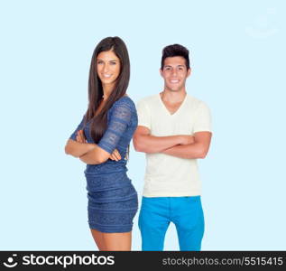 Couple of young friends on a blue background