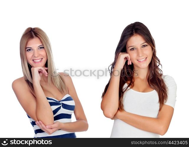 Couple of young friends thinking isolated on a white background