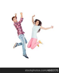 Couple of young lovers jumping isolated on a white background