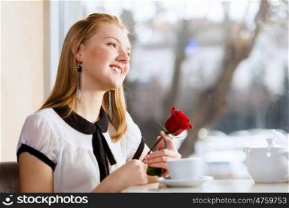 Couple on date. Young attractive lady having date at cafe