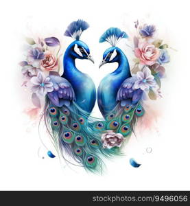 Couple Peacock Heart Isolated on White Background. Generative ai. High quality illustration. Couple Peacock Heart Isolated on White Background. Generative ai