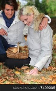 Couple picking mushrooms