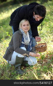 Couple picking mushrooms in a forest