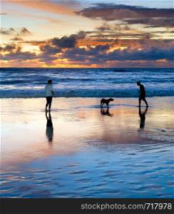 Couple playing on beach with dog, scenic sunset seascape in background, Bali, Indonesia