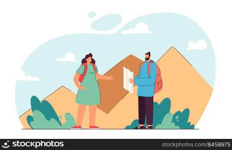 Couple plotting rout for hiking. Couple of hikers with map thinking about trek to top of mountain. Outdoor activity concept for banner, website design or landing web page