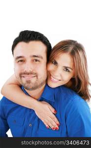 couple portrait smiling with a white background