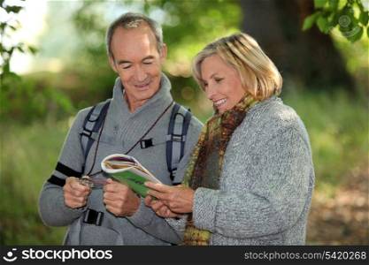 Couple reading a map in a forest