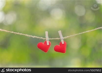 couple Red heart shape decoration hanging on line with copy space for text on green nature background. Love, Wedding Romantic and Happy Valentine' s day holiday concept