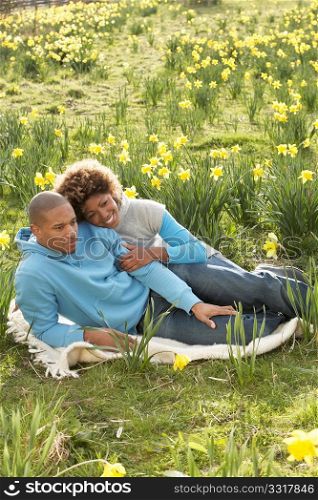 Couple Relaxing In Field Of Spring Daffodils