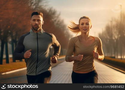 Couple running outdoor during workout on autumn day. Man and woman jogging in park. Active people. People while cardio training. Physical fitness. Cardio workout. Healthy lifestyle. Daily routine. Body exercises