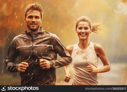 Couple running outdoor during workout on autumn day. Man and woman jogging in park. Active people. People while cardio training. Physical fitness. Cardio workout. Healthy lifestyle. Daily routine. Body exercises