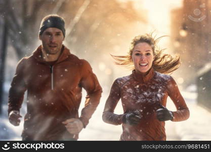 Couple running outdoor during workout on winter day. Man and woman jogging in park. Active people. People while cardio training. Physical fitness. Cardio workout. Healthy lifestyle. Daily routine. Body exercises