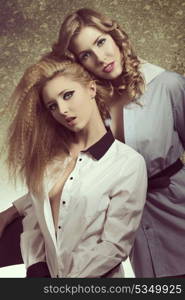 couple sexy women with fashion blonde hair-style and make-up posing and smiling, wearing sensual open shirt in vintage color