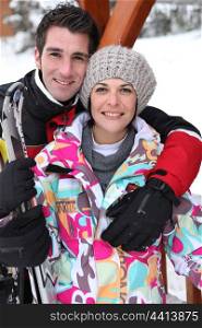 Couple skiing together