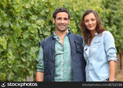 Couple standing amidst the vines