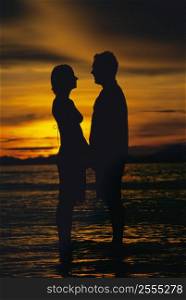 Couple standing on the beach holding hands at sunset (silhouette)