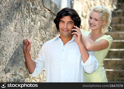 Couple stood on stone steps