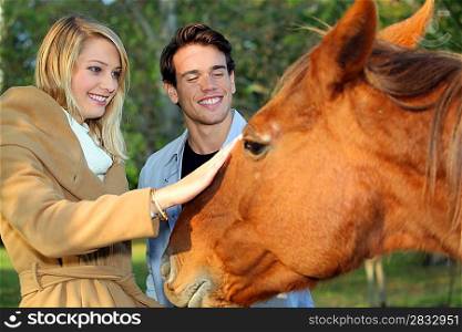 Couple stroking horse