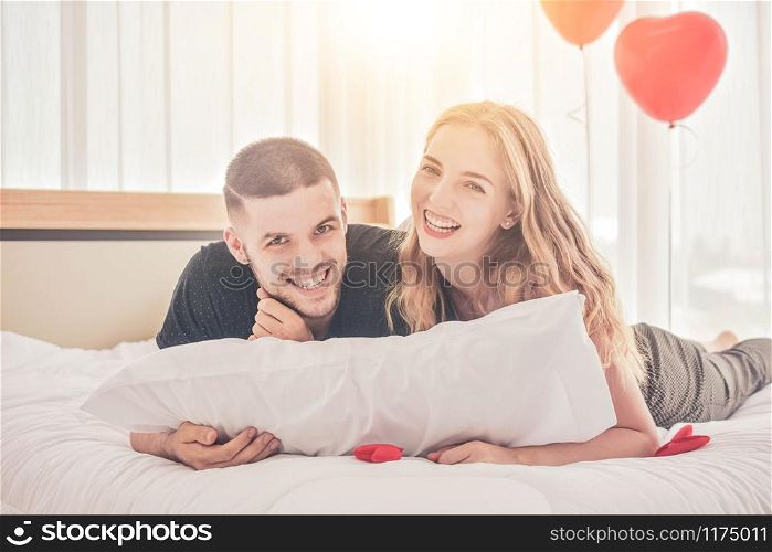 Couple sweet love live in bedroom happiness in love Valentine?s day concept