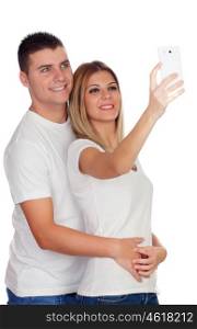 Couple taking a photo with mobile isolated on a white background