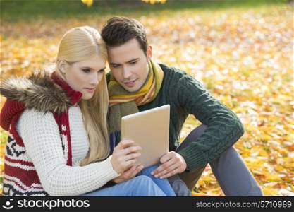 Couple using digital tablet together in park during autumn
