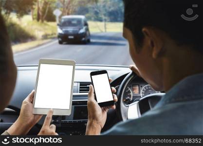 couple using phone inside car on rural road mobile app concept
