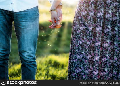 couple walking in nature at sunset holding hands