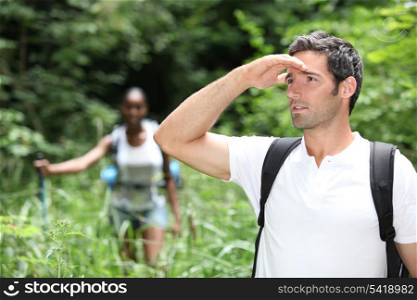 Couple walking in the forest