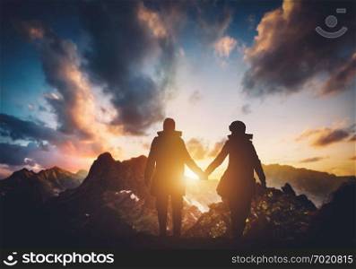 Couple walking in the mountains during sunset. Romantic, adventurous couple outdoor in nature. 3D illustration.. Couple walking in the mountains during sunset.