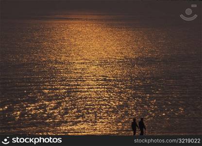 Couple Walking on the Beach at Sunset