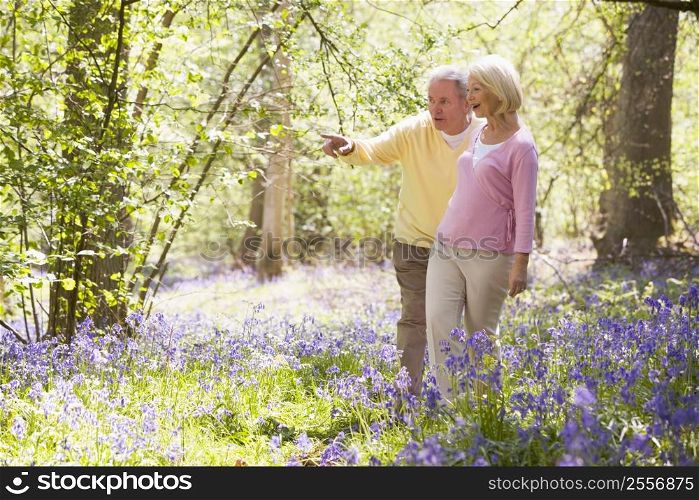 Couple walking outdoors pointing and smiling