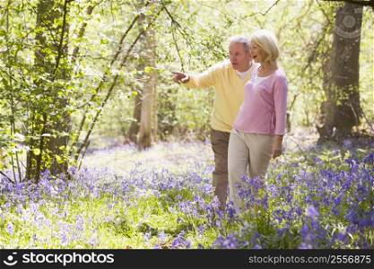 Couple walking outdoors pointing and smiling