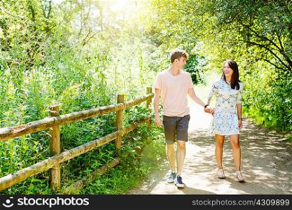Couple walking over wooden bridge in the park