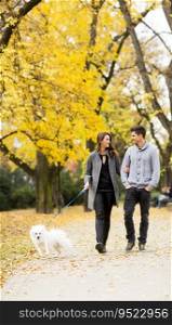 Couple walking with a dog in the park