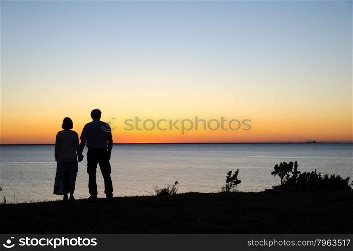 Couple watching sunset hand in hand by the coast