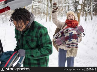 couple winter time with backpacks