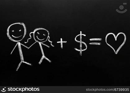 Couple with money means love. Concept formula drawn in chalk on a blackboard.