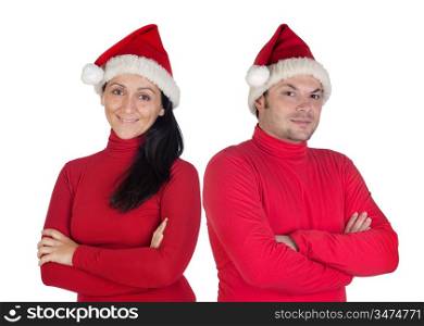 Couple with red clothing in Christmas isolated on white background