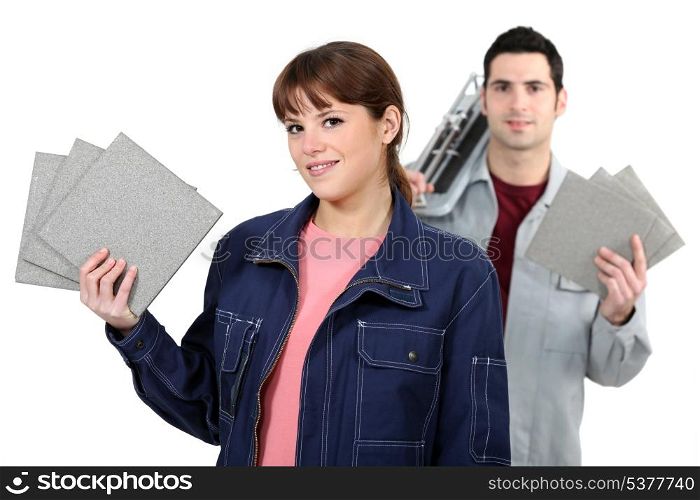 Couple with tile cutter