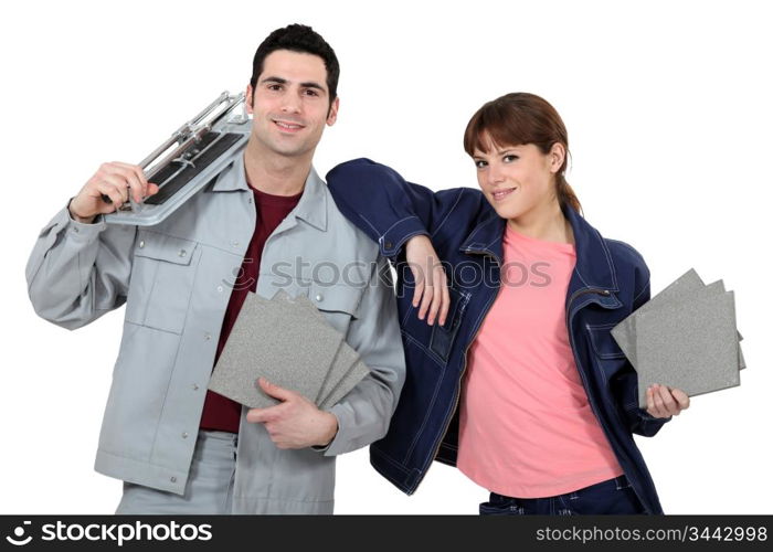 Couple with tile cutting equipment