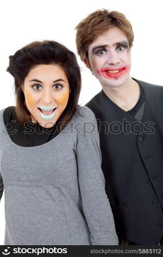 couple young people dressed as clowns, isolated