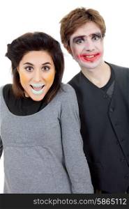 couple young people dressed as clowns, isolated