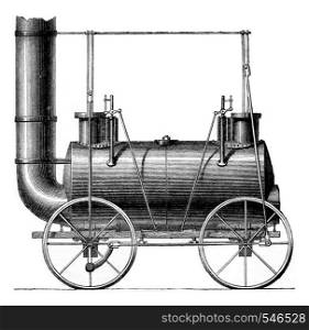 Coupled wheels Locomotive, G. Stephenson, vintage engraved illustration. Magasin Pittoresque 1861.