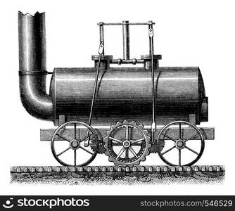 Coupled wheels locomotive of Blenkinsop, vintage engraved illustration. Magasin Pittoresque 1861.